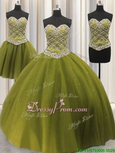 Exquisite Ball Gowns Quinceanera Gown Olive Green Sweetheart Tulle Sleeveless Floor Length Lace Up