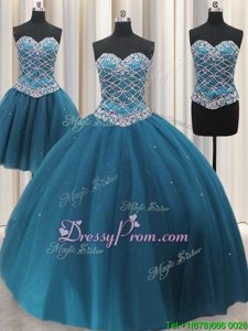 Elegant Floor Length Teal Quinceanera Gowns Tulle Sleeveless Spring and Summer and Fall and Winter Beading and Ruffles
