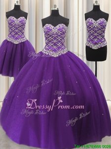 New Arrival Eggplant Purple Sleeveless Floor Length Beading and Sequins Lace Up Ball Gown Prom Dress