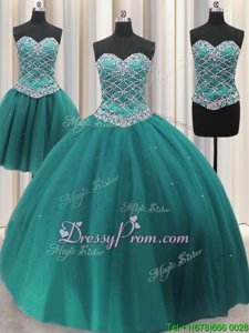 Decent Teal Sweetheart Neckline Beading and Sequins Quinceanera Gown Sleeveless Lace Up
