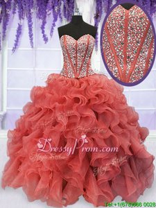 Admirable Floor Length Ball Gowns Sleeveless Coral Red Quinceanera Dress Lace Up