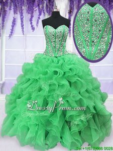 Fashion Sweetheart Sleeveless Quinceanera Gowns Floor Length Beading and Ruffles Green Organza