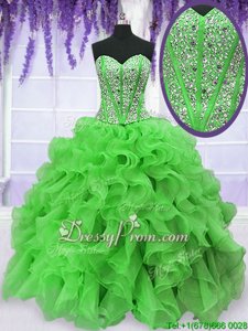 Sumptuous Spring Green Ball Gowns Beading and Ruffles Sweet 16 Dress Lace Up Organza Sleeveless Floor Length