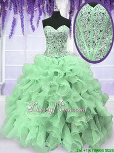 Beauteous Apple Green Ball Gowns Sweetheart Sleeveless Organza Floor Length Lace Up Beading and Ruffles 15 Quinceanera Dress