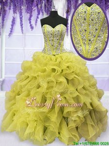 Floor Length Yellow Green 15th Birthday Dress Organza Sleeveless Spring and Summer and Fall and Winter Beading and Ruffles
