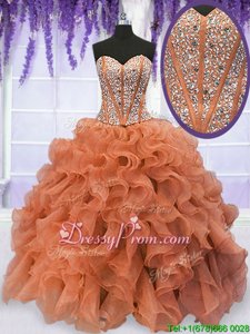 Sweet Rust Red Organza Lace Up Sweetheart Sleeveless Floor Length Quince Ball Gowns Beading and Ruffles