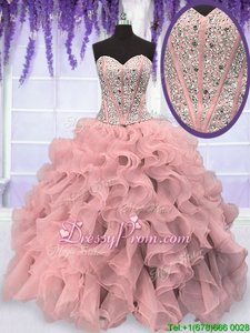 Extravagant Pink Sweetheart Neckline Beading and Ruffles Vestidos de Quinceanera Sleeveless Lace Up