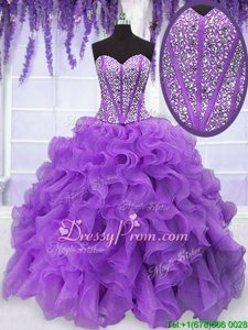 Cheap Purple Lace Up Sweetheart Beading and Ruffles Ball Gown Prom Dress Organza Sleeveless