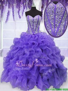 Hot Sale Floor Length Lavender Sweet 16 Dresses Organza Sleeveless Spring and Summer and Fall and Winter Beading and Ruffles