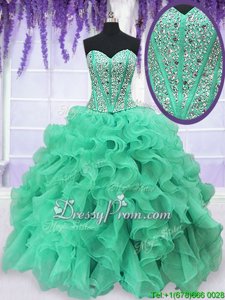 Enchanting Turquoise Lace Up Sweet 16 Dress Beading and Ruffles Sleeveless Floor Length