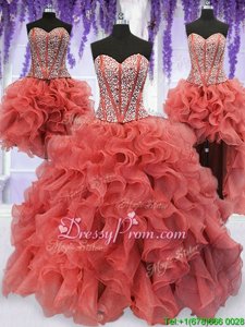 Custom Made Sweetheart Sleeveless Lace Up 15 Quinceanera Dress Coral Red Organza