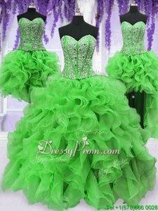 Spring Green Lace Up Sweetheart Beading and Ruffles Sweet 16 Dresses Organza Sleeveless