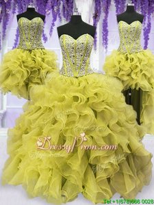 Dynamic Floor Length Light Yellow Quince Ball Gowns Organza Sleeveless Spring and Summer and Fall and Winter Beading and Ruffles