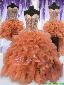 Custom Designed Orange Organza Lace Up Sweet 16 Quinceanera Dress Sleeveless Floor Length Beading and Ruffles