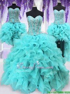 Cute Organza Sweetheart Sleeveless Lace Up Ruffles and Sequins 15 Quinceanera Dress inAqua Blue