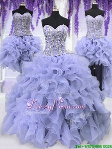 Elegant Floor Length Lavender Quince Ball Gowns Organza Sleeveless Spring and Summer and Fall and Winter Ruffles and Sequins