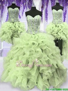 Customized Floor Length Yellow Green Sweet 16 Quinceanera Dress Organza Sleeveless Spring and Summer and Fall and Winter Ruffles and Sequins