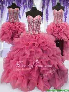 Latest Pink Lace Up Ball Gown Prom Dress Ruffled Layers and Sequins Sleeveless Floor Length