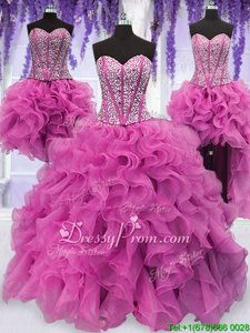 Stunning Organza Sweetheart Sleeveless Lace Up Ruffles and Sequins 15th Birthday Dress inLilac