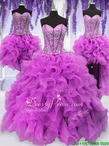 Ruffles and Sequins 15 Quinceanera Dress Fuchsia Lace Up Sleeveless Floor Length