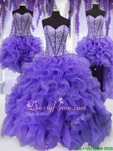 Fashionable Lavender Ball Gowns Sweetheart Sleeveless Organza Floor Length Lace Up Embroidery and Ruffles and Ruffled Layers and Sashes|ribbons 15 Quinceanera Dress