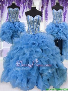 Fitting Blue Ball Gowns Organza Sweetheart Sleeveless Ruffles and Sequins Floor Length Lace Up Quinceanera Gown