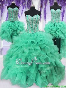 Stylish Turquoise Organza Lace Up Ball Gown Prom Dress Sleeveless Floor Length Ruffles and Sequins