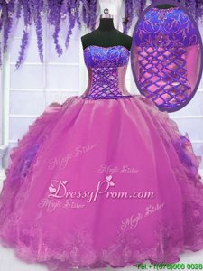 Top Selling Organza Strapless Sleeveless Lace Up Embroidery and Ruffles Sweet 16 Quinceanera Dress inLilac