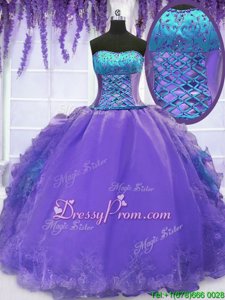 Pretty Lavender Ball Gowns Organza Strapless Sleeveless Embroidery and Ruffles Floor Length Lace Up Quinceanera Dresses