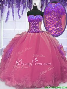 Flirting Watermelon Red Sleeveless Organza Lace Up Ball Gown Prom Dress forMilitary Ball and Sweet 16 and Quinceanera