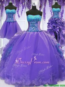 Artistic Lavender Ball Gowns Organza Strapless Sleeveless Embroidery and Ruffles Floor Length Lace Up 15th Birthday Dress
