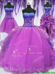 Cheap Strapless Sleeveless Organza Quinceanera Dress Embroidery and Ruffles Lace Up