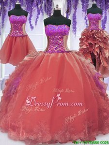 Great Watermelon Red Sleeveless Floor Length Embroidery and Ruffles Lace Up Vestidos de Quinceanera