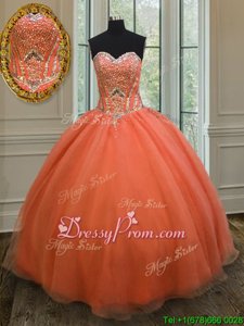 Customized Orange Sleeveless Floor Length Sequins Lace Up 15th Birthday Dress