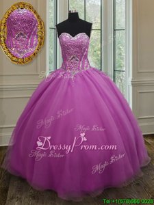 Glittering Lilac Ball Gowns Organza Sweetheart Sleeveless Beading and Belt Floor Length Lace Up Quinceanera Dresses