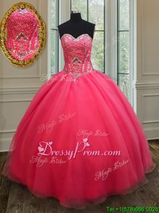 Customized Coral Red Ball Gowns Sweetheart Sleeveless Organza Floor Length Lace Up Beading 15th Birthday Dress