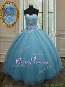 Dazzling Baby Blue Sweetheart Neckline Beading Quinceanera Gowns Sleeveless Lace Up