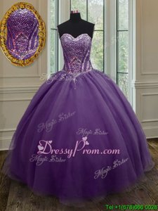 Glittering Purple Organza Lace Up Sweetheart Sleeveless Floor Length Quince Ball Gowns Beading