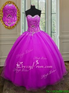 Unique Purple Ball Gowns Organza Sweetheart Sleeveless Beading Floor Length Lace Up Quince Ball Gowns