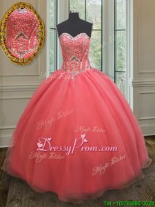 High End Watermelon Red Ball Gowns Beading Sweet 16 Dresses Lace Up Organza Sleeveless Floor Length