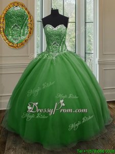 Sexy Sleeveless Floor Length Beading and Ruching Lace Up 15 Quinceanera Dress with Dark Green