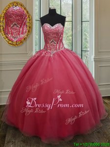 Romantic Sleeveless Floor Length Beading and Ruching Lace Up Ball Gown Prom Dress with Watermelon Red