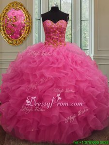 Attractive Hot Pink Sleeveless Floor Length Beading and Ruffles Lace Up Sweet 16 Quinceanera Dress
