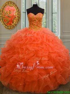 Chic Organza Sweetheart Sleeveless Lace Up Beading and Ruffles 15th Birthday Dress inOrange Red