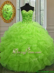 Wonderful Sweetheart Sleeveless Quinceanera Gown Floor Length Beading and Ruffles Yellow Green Organza