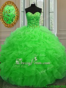 Most Popular Beading and Ruffles Quince Ball Gowns Spring Green Lace Up Sleeveless Floor Length