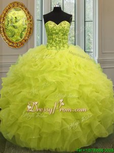 Luxurious Beading and Ruffles Sweet 16 Dress Yellow Lace Up Sleeveless Floor Length