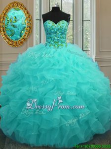 Glamorous Floor Length Aqua Blue Quinceanera Dresses Organza Sleeveless Spring and Summer and Fall and Winter Beading and Ruffles