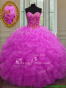 Amazing Fuchsia Sleeveless Floor Length Beading and Ruffles Lace Up Quinceanera Gown
