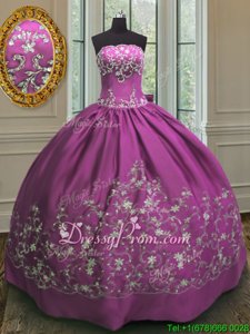 Wonderful Strapless Sleeveless 15 Quinceanera Dress Floor Length Embroidery Fuchsia Satin